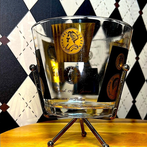 Vintage MCM Cera Glass Ice Bucket with Stand– Gold/Black Coin Design - Picture 10 of 17